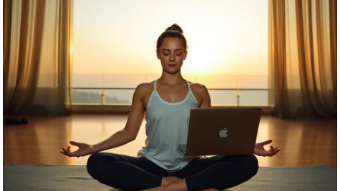A person meditating cross-legged with a laptop at sunset